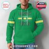 Man wearing Oregon Ducks hoodie in green with full logo, drawstring hood, and ribbed sleeves for a casual fan look!