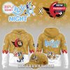 Brown hoodie and cap with Bluey cartoon characters, Ottawa Senators logo, paw print pattern, and winter sports theme!