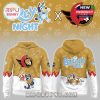 Camel brown hoodie with Bluey art front and back, Senators logo on chest, white bottom panel, red sleeve detail, paw print background!