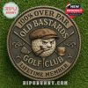 Antique bronze golf club coin featuring a grumpy cartoon golf ball wearing a brown cap, with a cigar and whiskey glass, crossed clubs in the background, and engraved text that reads Old Bastards Golf Club Lifetime Member.