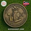 Bronze-toned golf coin back design with embossed images of a golf bag with clubs, cigar, whiskey glass, and golf ball, all encircled by the phrase Swing Hard Drink Harder Official Member Medallion.