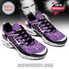 Purple sneakers with Ozzy Osbourne graphic elements, black laces, and animated skull patterns on the upper and side panels!