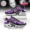 Side profile of purple and black sneakers with Ozzy Osbourne artwork, white curved stripes, and signature on the toe area!