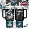 Insulated drink tumbler with Philadelphia Eagles full-wrap artwork in midnight green, silver, and black tones, perfect for fans on the go.