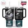 Fan tumbler with energetic front and back Eagles designs, including checklist parody and vibrant midnight green base.