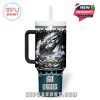 Philadelphia Eagles tumbler front featuring explosive artwork, stadium view, and bold team slogan in a vibrant fan-focused style.