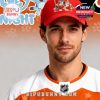 Close up of orange fan cap with cartoon hockey dogs worn by a male model!