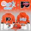 A merchandise collection with a front-and-back view of an orange hoodie and a matching cap showing Bluey characters and Philadelphia Flyers branding!