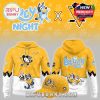 Front and back view of yellow hockey hoodie with Penguins branding and Bluey Night character graphics!