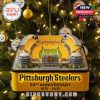 A miniature stadium ornament for the Pittsburgh Steelers 50th anniversary hanging on a Christmas tree!
