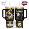 Dual-view of a Steelers tumbler design, combining intense black and yellow tones, a football and stadium motif, and a drink customization panel for NFL fans.