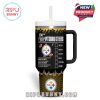 Rear design of 40oz Steelers tumbler with drink options, humor-based energy description, and gold-black burst graphic theme.