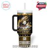 Detailed front design of Steelers tumbler featuring high-energy football graphics, bold slogan, and vivid yellow-black fanfare scene.