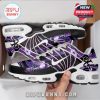 Full view of boxed sneakers with purple pattern, Prince signature, and music symbol graphics!