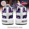 Rear view of music-themed sneakers with purple paisley design and clean heel finish!
