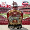 49ers 80th Anniversary glass whiskey bottle featuring Golden Gate Bridge and Levi's Stadium engravings, symbolizing the team's legacy.