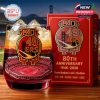 San Francisco 49ers 80th Anniversary whiskey glass with team logo and Levi’s Stadium detail, set against a sunset and stadium-themed backdrop!