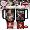 A 40oz tumbler decorated with a fiery football and the San Francisco 49ers logo, set over a stadium illustration and dynamic red graphics, combining fan energy with practical drinkware!