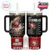 A double-sided display of a 40oz San Francisco 49ers tumbler with detailed graphics, including a stadium scene and playful checklist to capture team energy!