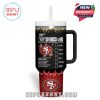Rear view of the San Francisco 49ers tumbler featuring a coffee-style checklist, team logo, and vibrant red design elements to match the team identity!