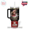 Front-facing image of a San Francisco 49ers 40oz tumbler with stadium-inspired artwork, flaming football logo, and Go 49ers rally message in bold letters!