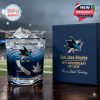 San Jose Sharks blue anniversary whiskey glass with ice logo wave patterns and matching gift box on a wooden surface!