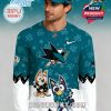 Man wearing a teal San Jose Sharks hockey jersey with Bluey graphics.