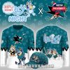 A collection of San Jose Sharks and Bluey themed apparel for Bluey Night.