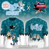 Front and back views of a teal San Jose Sharks jersey with Bluey graphics.