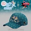 Detailed view of a teal San Jose Sharks hat featuring Bluey characters.