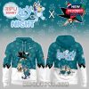 A complete San Jose Sharks Bluey Night hoodie and cap set displayed together with vibrant colors and playful hockey themed details!
