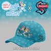 Bluey-themed Kraken baseball cap in teal with printed characters, hockey sticks, and logo on the side!