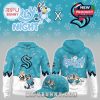 Front and back view of teal hockey hoodie with Seattle Kraken branding and Bluey Night character graphics!