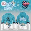 Full design view of teal Seattle Kraken Bluey Night hockey hoodie with cartoon artwork and paw print pattern!