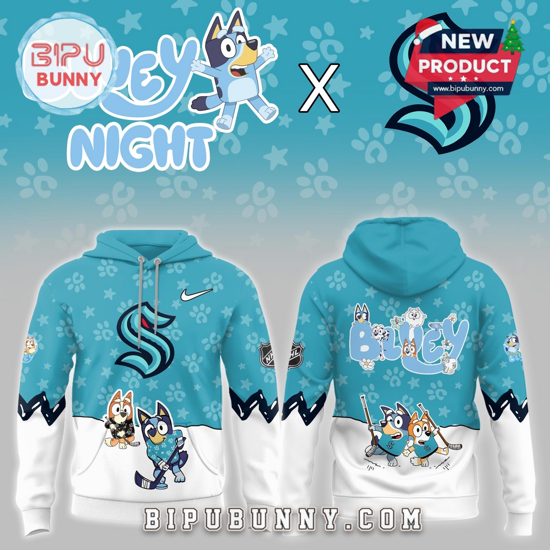 Seattle Kraken NHL Bluey Night Limited Hoodie Seattle Kraken NHL Bluey Night Limited Hoodie