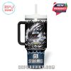 Front design of Seattle Seahawks tumbler featuring bold stadium illustration, team logo, and energetic fan focused style.