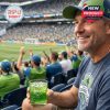 Person holding a Seattle Sounders FC whiskey glass at a stadium with fans in the background, enjoying the game.