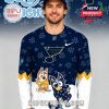 Man wearing NHL St. Louis Blues Bluey Night jersey in dark blue with white sleeves and cartoon characters in front!