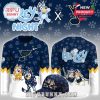 Bluey and NHL St. Louis Blues full set display: front and back of jersey plus cap in dark blue with cartoon designs!