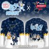 Dual-sided image of Bluey-themed hockey jersey for St. Louis Blues with added fun details and character-filled artwork!