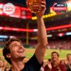 Fan lifting Cardinals whiskey glass high inside stadium!