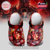Two clogs standing with the phrase One Last Adventure on each, featuring intense Stranger Things styling and background art!