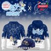 Front and back views of a Bluey Night hoodie and cap featuring Bluey characters with the Tampa Bay Lightning logo and playful paw print patterns!