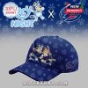 A navy cap decorated with cartoon characters from Bluey playing hockey, the Lightning logo, and paw and star motifs!