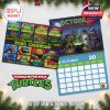 A TMNT 2026 calendar showcasing various turtle designs and a themed October page with Halloween graphics and character art.