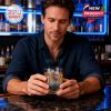 A man sitting at a polished bar holds and looks at a branded whiskey glass commemorating the Titans’ 66th anniversary!