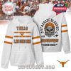 White hoodie representing Texas Longhorns spirit with front logo and detailed graphic slogan on the back.