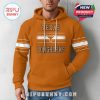 Orange hoodie for men with Texas Longhorns lettering and sleeve striping, modeled casually.