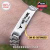 Customizable Hook Em Horns silver bracelet worn on wrist with engraved logo and personalized name engraving.