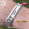 Customizable Texas Tech Red Raiders silver bracelet worn on wrist with engraved logo and personalized name.